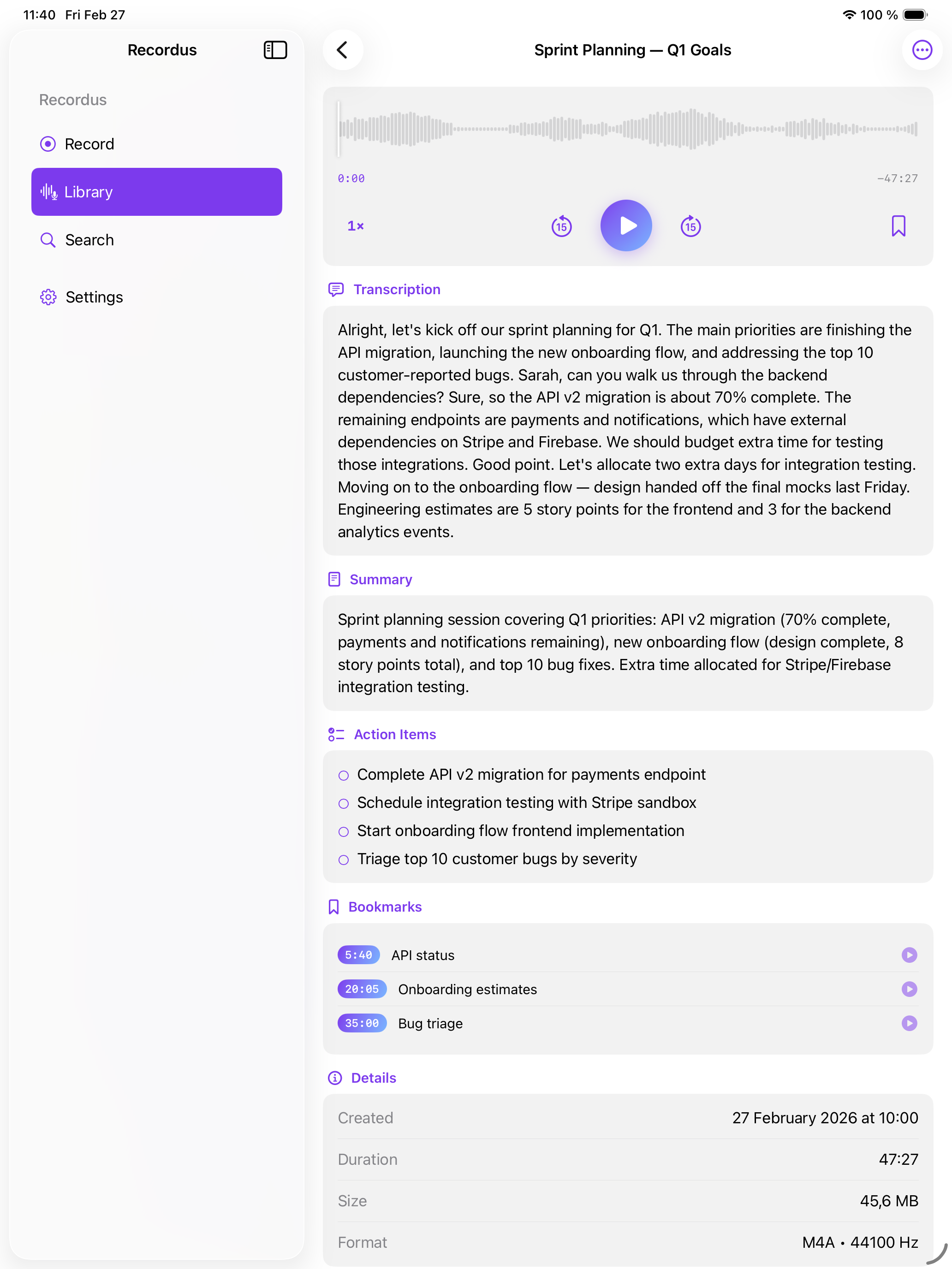 Recordus on iPad — recording detail with transcription, summary, and action items