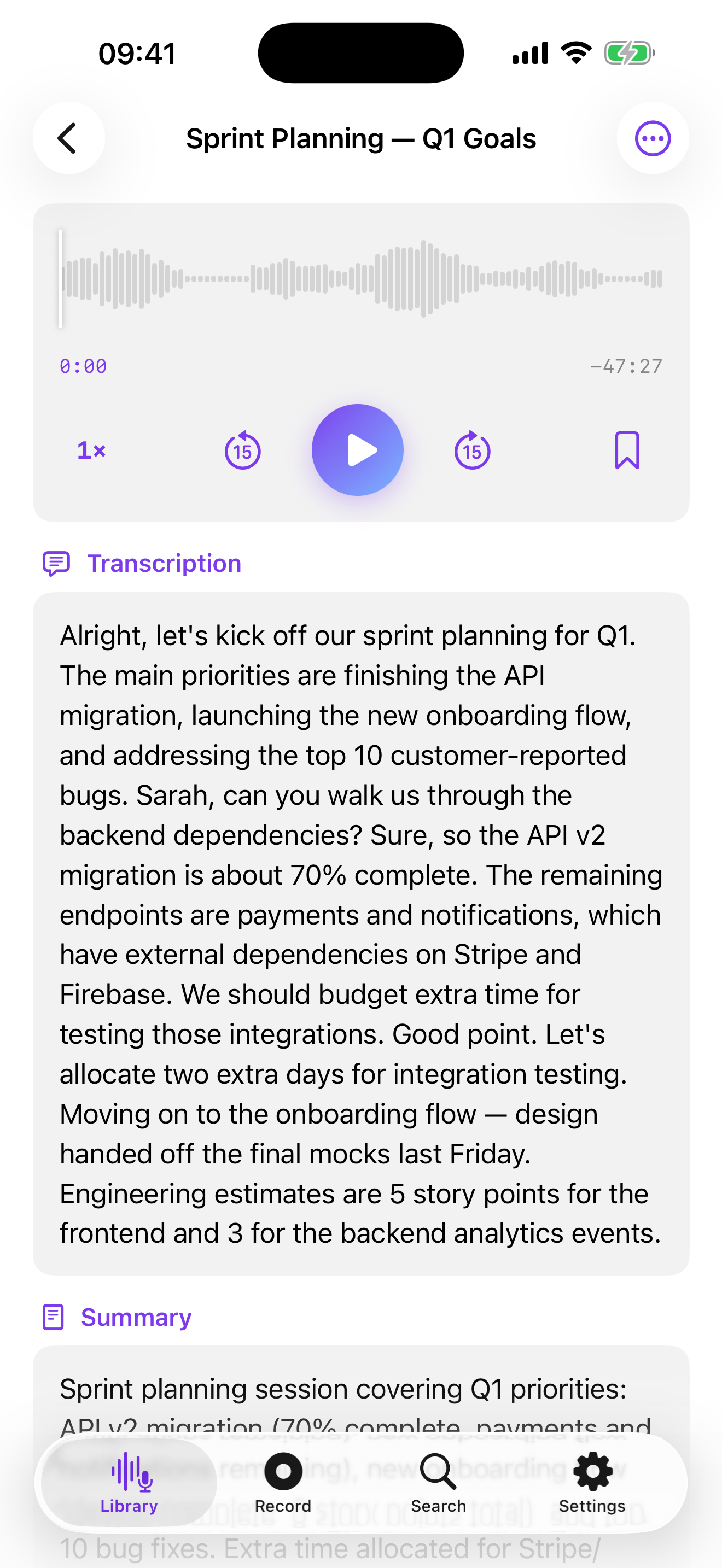 Recordus on iPhone — recording detail with transcription, summary, and action items