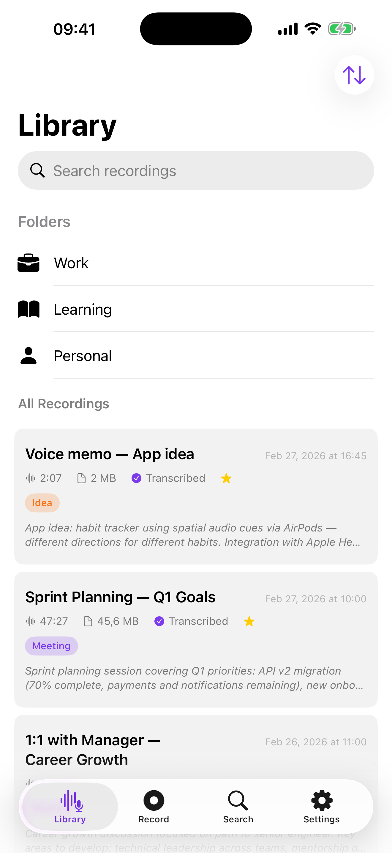 Recordus library on iPhone | recordings organized in folders with tags