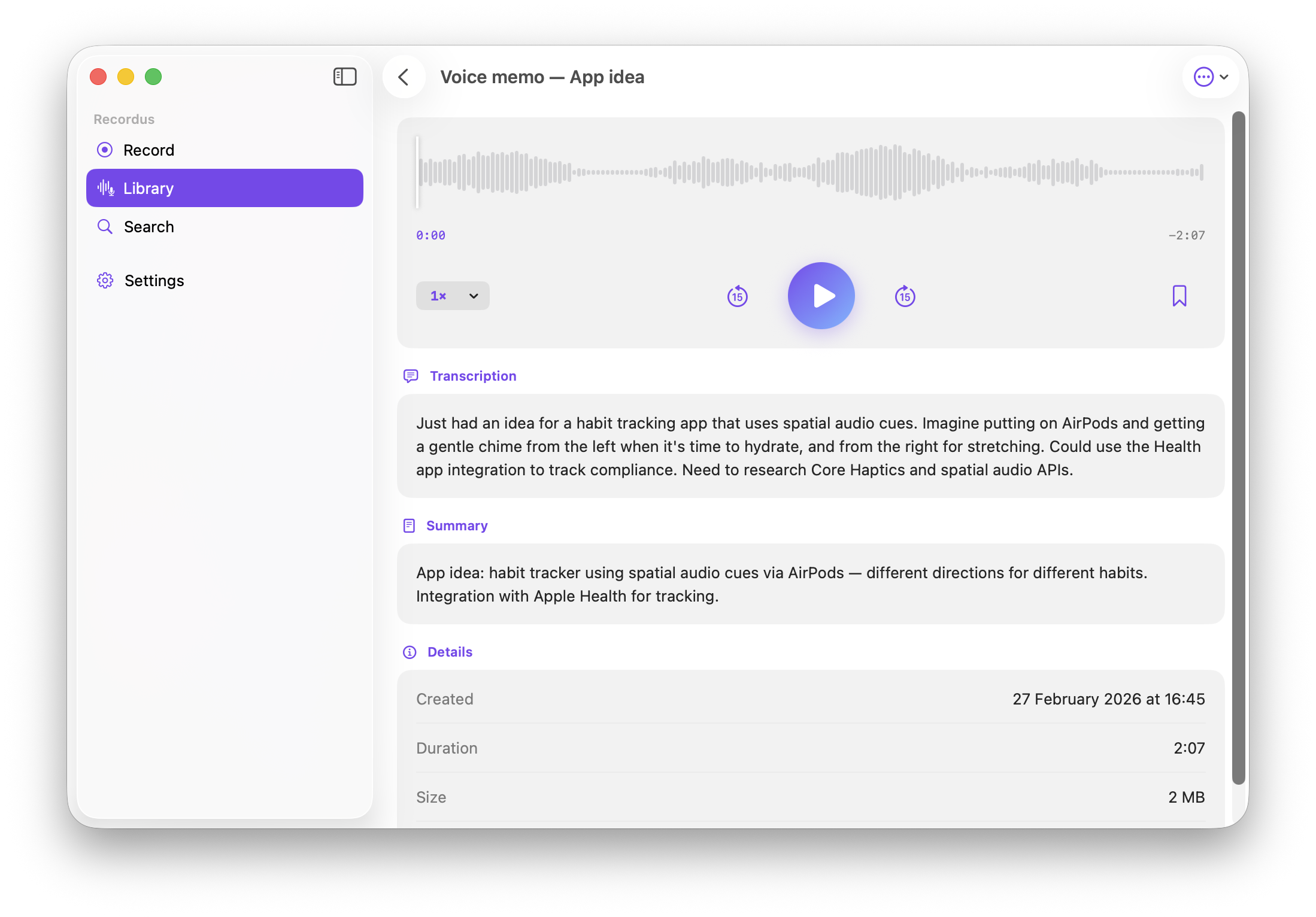 Recordus on Mac | recording detail with full transcription and AI summary